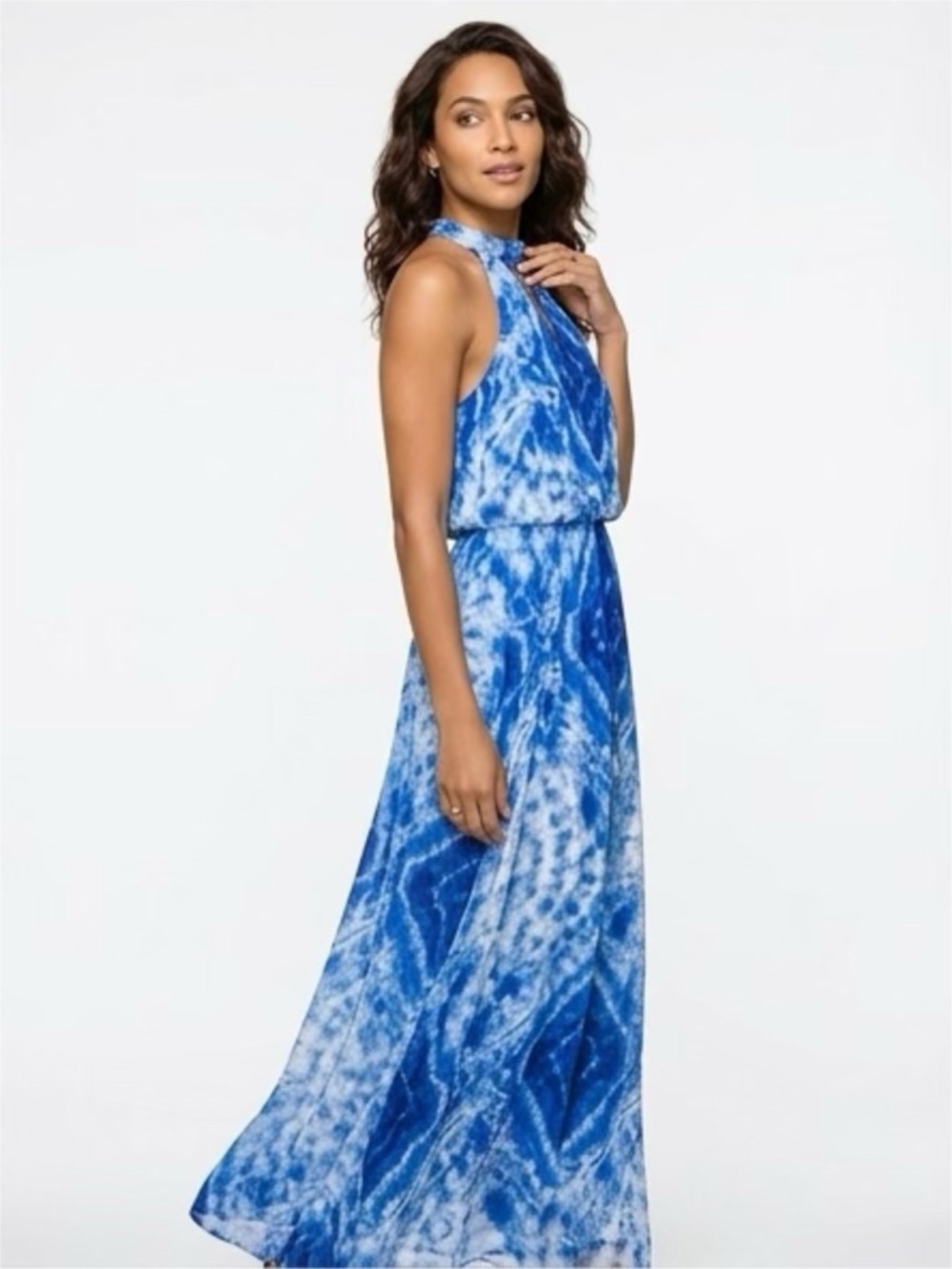 BISOU BISOU MICHELE BOHBOT BLUE WATERCOLOR MAXI HALTER DRESS SIZE 10